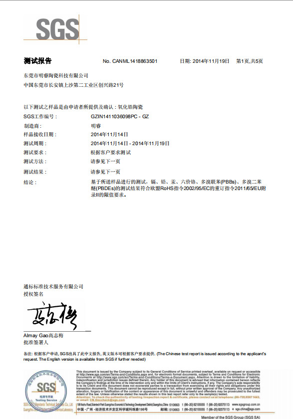 Zirconia Ceramic of SGS Test Report